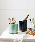 Utensil Holder, 360° Rotating Extra Large Ceramic Kitchen Utensil Holder for Countertop, 7.3“ Cooking Utensil Crocks for Kitchen Counter with Rotatable Wooden Base, Farmhouse Decor, Dark Blue