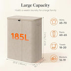 Lifewit 185L Large 3 Section Laundry Hamper with Lid, Plastic Laundry Basket with Bamboo Handles and Removable Bags, Tall Foldable Clothes Hamper for Bathroom Bedroom, Beige
