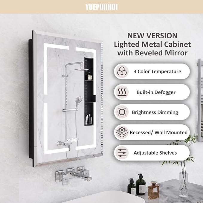 20X30 Inch Recessed Lighted Medicine Cabinet with Mirror, Adjustable 3-Color LED Mirrored Medicine Cabinet with Brightness Dimming, Defogger, Bathroom Mirror with Storage