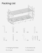 Hanging Pot Rack, Pot Rack Wall Mounted, 2-Tier Kitchen Pot and Lid Organizer, Wall-Mounted Pot Rack with 12 Hooks, for Kitchen Storage of Pots, Pans, Utensils, Rustic Brown TPR02BF