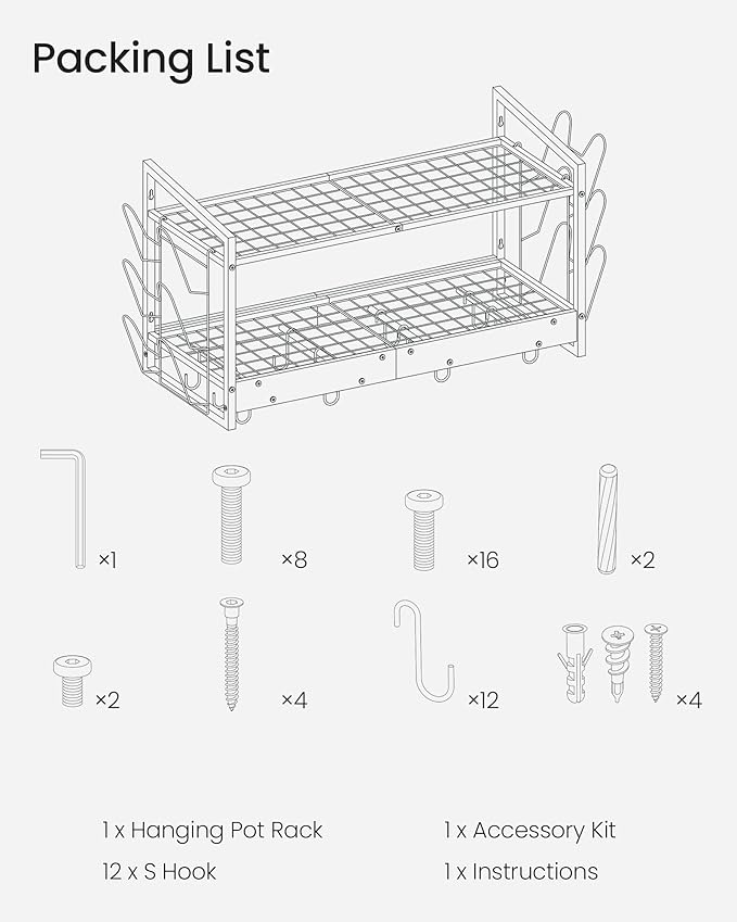 Hanging Pot Rack, Pot Rack Wall Mounted, 2-Tier Kitchen Pot and Lid Organizer, Wall-Mounted Pot Rack with 12 Hooks, for Kitchen Storage of Pots, Pans, Utensils, Rustic Brown TPR02BF