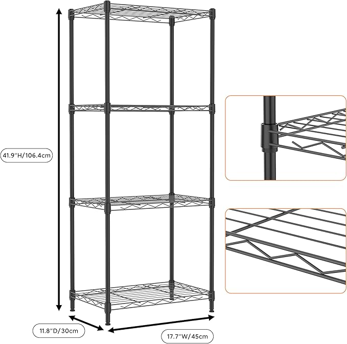 4 Tiers Shelf Metal Storage Shelves Wire Rack Closet Organizers for Garage Kitchen Bathroom Laundry Black 11.8" D x 17.7" W x 41.9" H