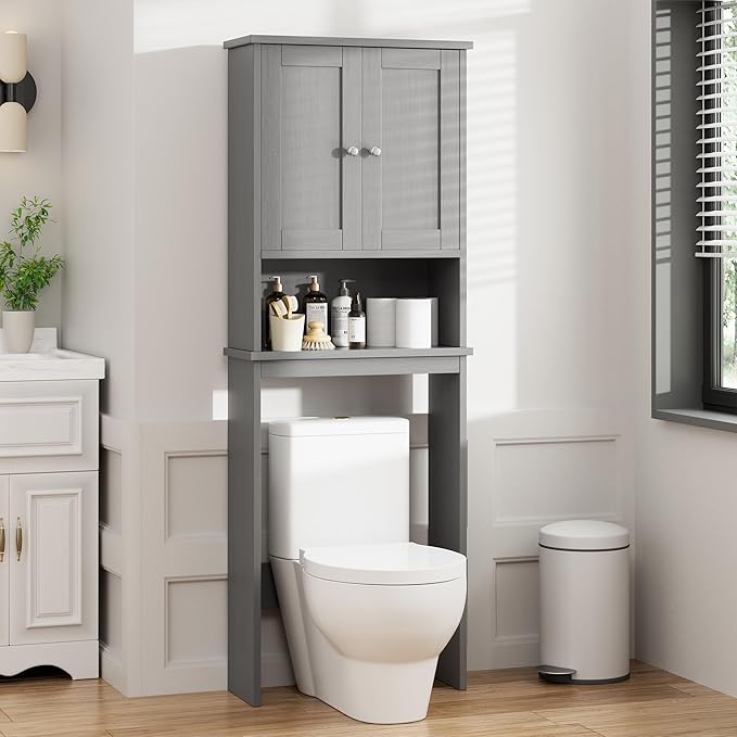 Meilocar Over the Toilet Storage Cabinet, Bathroom Storage Over Toilet with Two Doors and Adjustable Shelf, Space Saver with Open Shelf, Gray