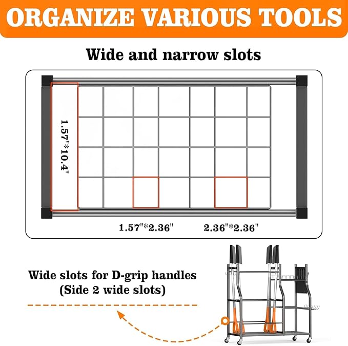36" Large Garden Tool Organizer with Wheels & Side Tool Bag, 3 Tier Rolling Garage Storage Rack for Long Handled Rakes, Shovels, Brooms, Freestanding Yard Tools Cart for Shed & Outdoors