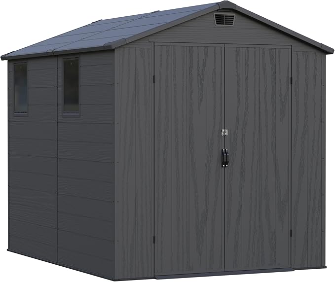 Greesum 6x8FT Plastic Outdoor Storage Shed with Floor, Resin Sheds with Lockable Double Door, Tool Sheds with Window and Vents, for Garden, Backyard, Patio, Dark Gray