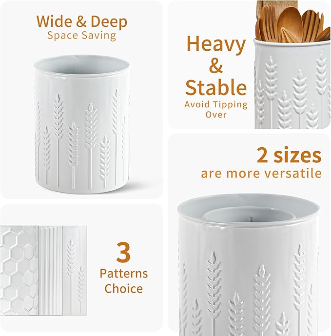2 Pack Metal Utensil Holder for Kitchen Counter, 7.3"+5.4" Large Cooking Utensil Organizer Ear of Wheat Pattern Embossed Utensil Caddy for Party Cutlery Tool Holder Storage, White