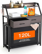 Laundry Hamper with Shelf, 2 Tier Rolling Laundry Hamper 3 section, Laundry Sorter Basket with Wheels, Pull-Out Removable Large Bags, Metal Frames, Wood Drawers for Bathroom, 120L, Rustic Brown