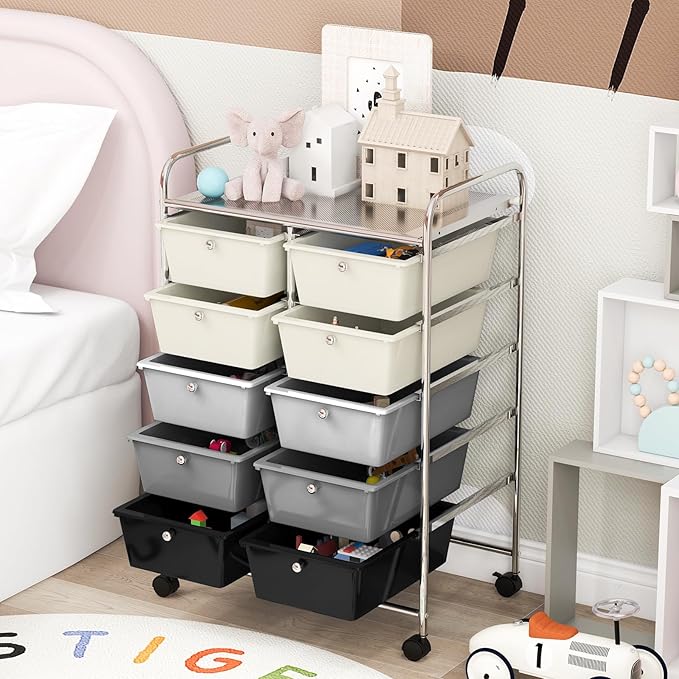 GOFLAME 10-Drawer Rolling Storage Cart, Art Craft Storage Organizer on Wheels, Multipurpose Movable Utility Cart for School, Office and Home, Grey Gradient