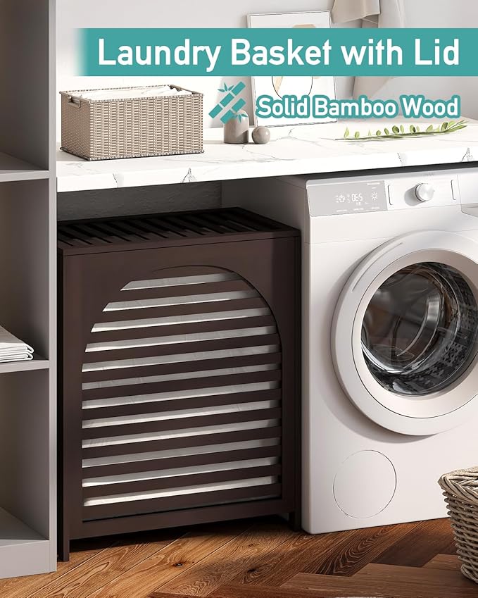 Laundry Hamper, 27.3 Gallon (103L) Bamboo Wood Clothes Laundry Basket with Lid and Handles, Removable Liner