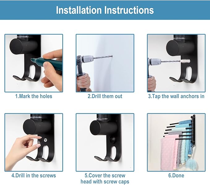 Matte Black 6 - Arm Stainless Steel Swivel Towel Rack with Hook: Wall - Mounted, Rustproof Space - Saver for Bathroom & Kitchen - 180° Rotation, 14kg Capacity