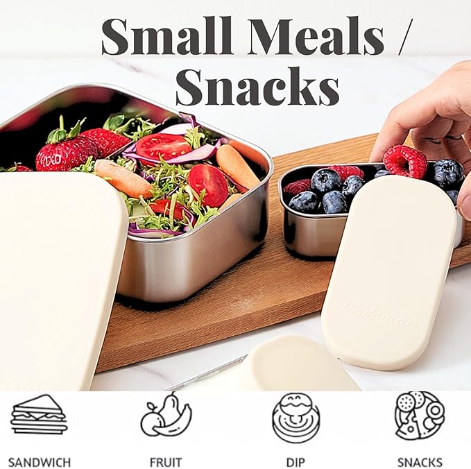 Leak Proof Stainless Steel Lunch Box Containers, 27 OZ , Stainless Steel Bento Box , Metal Lunch Box, Sandwich & Snack Containers , SIlicone Lids , Korean Style,Small Vanilla ( 1 x 27oz + 2 x 6.5 OZ )