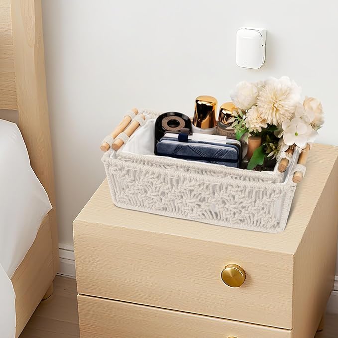 Macrame Storage Baskets Boho，Toilet Paper Basket with Wood Handles，Handmade Woven Decorative Countertop Toilet Tank Shelf Cabinet Organizer for Bedroom Livingroom Home, Set of 2, Ivory
