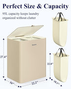 Kitsure Laundry Basket 95L – Large Laundry Hamper with Lid, 2-Compartment Divided Clothes Sorter with Removable Hamper Bags, Beige Organizer for Laundry Room, Bathroom & Bedroom, 22.2" x 16" x 27.4"