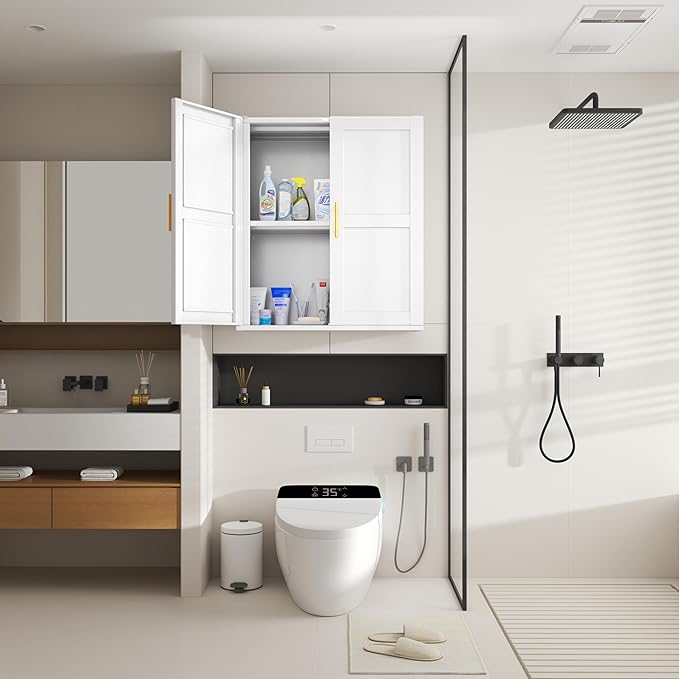 Metal Over The Toilet Storage Cabinet, 31" H Bathroom Cabinet Wall Mount with 2 Adjustable Shelves, Medicine Cabinets for Bathroom-White