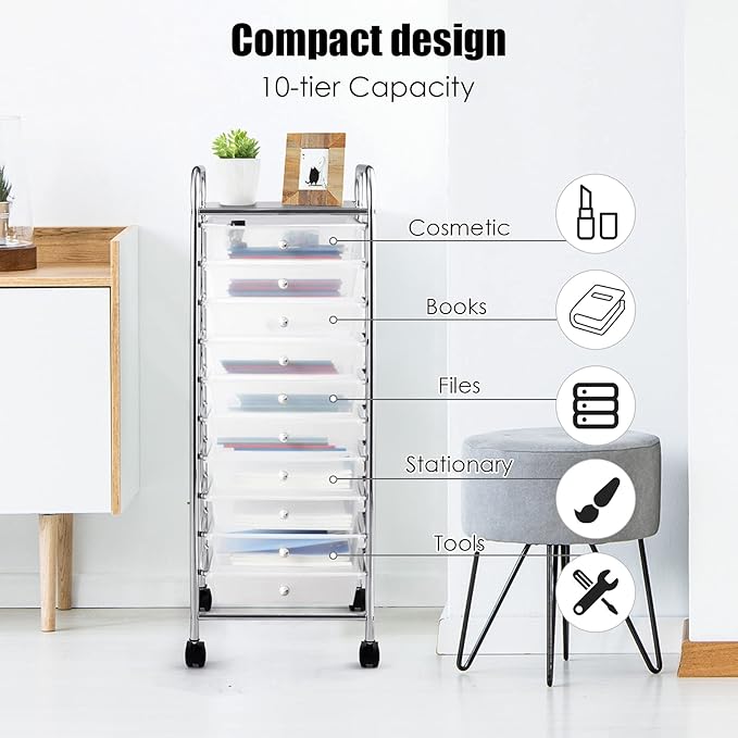 GOFLAME 10-Drawer Rolling Storage Drawer Cart, Utility Cart with Removable Drawers & Metal Frame, Mobile Art Craft Drawer Cart with Lockable Wheels for Home, Office, Studio, School, Clear