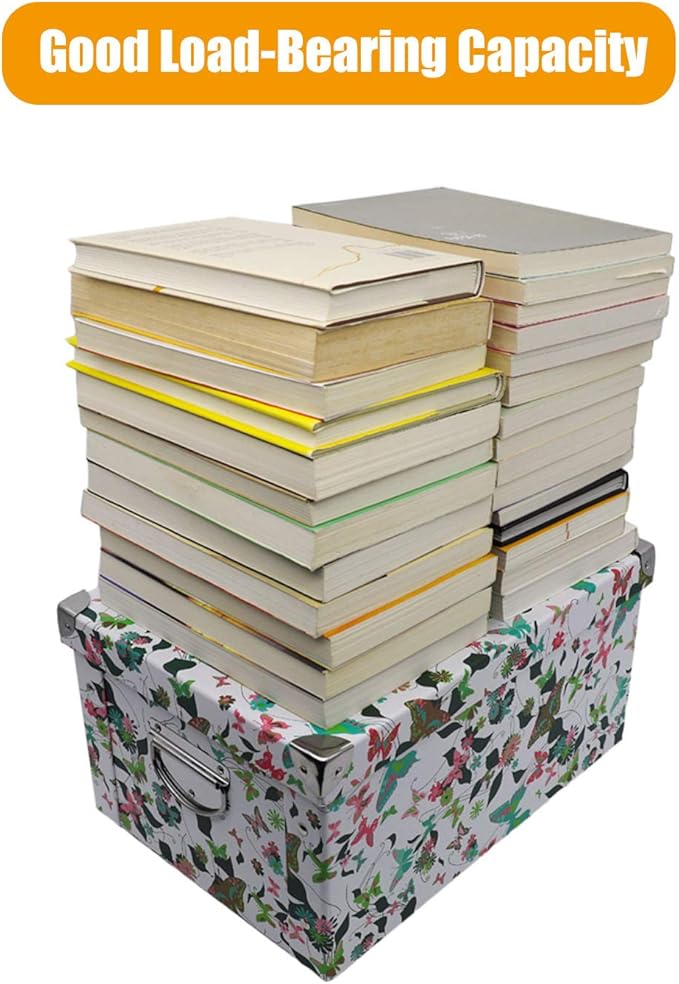 GUOZI Collapsible Storage Box, Decorative Memory Box with Lid & Metal Reinforced Corners, Cardboard File Bin with Handles, Organizer Gift Box for Keepsake Toy Photos Office Nursery Wardrobe Bookshelf