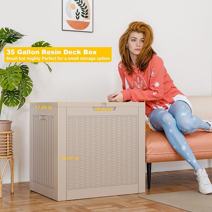 35 Gallon Resin Deck Box Outdoor Storage Box for Patio Furniture,Outdoor Cushions,Garden Tools and Pool Supplies,Waterproof,Lockable(Grey,35Gallon)
