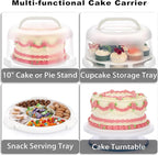 BSTKEY Portable Cake Carrier with Lid and Handle, Cake Turntable + Cupcake Storage Tray for Transport, 10" Round Cake Container Holder with Two Sided Base for Pies Nuts Fruit Cookies, White