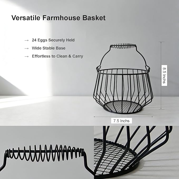Wire Egg Basket for Gathering Fresh Eggs 24 Capacity Vintage Chicken Coop Basket with Handle for Farmhouse Kitchen Countertop and Rustic Easter Egg Display