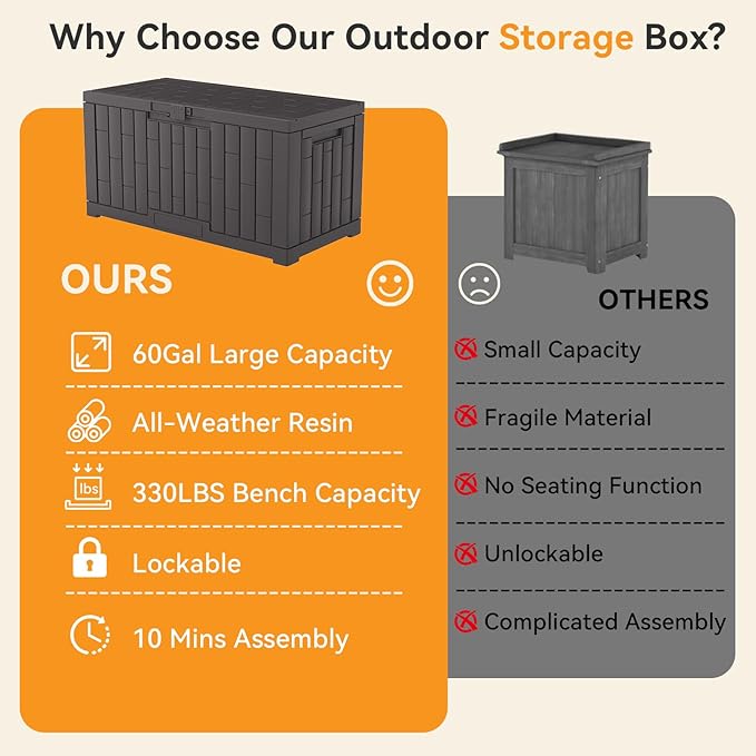 DUMOS 60 Gallon Deck Box, UV Resistant Waterproof Storage Bin for Patio Cushions Gardening Tools, Lockable Resin Outdoor Storage Box with Hundles, Brown