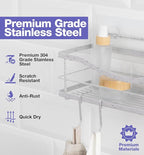 KINCMAX Shower Caddy and Soap Holder, Rustproof SUS304 Stainless Steel, Adhesive Wall Mount Double Baskets 3-pack with Hooks (Polished Silver)