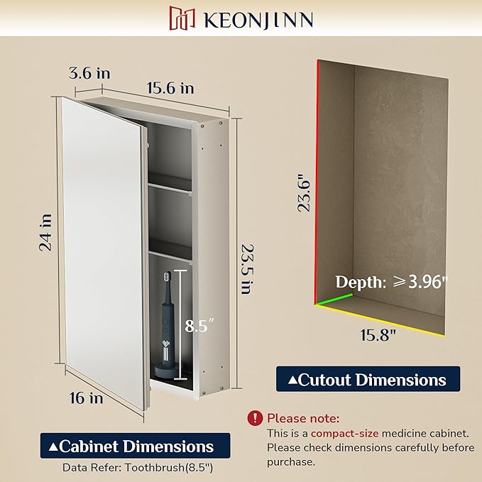Keonjinn 16 x 24 Inch Medicine Cabinet, Bathroom Medicine Cabinet with Mirror, Lightweight Aluminum Structure, Assembly Required, in Wall or Wall Mount, Adjustable Shelves, Tempered Glass