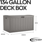 Suncast 134-Gal. Resin Extra-Large Outdoor Patio Deck Box with Pad-Lockable Lid, Modern Outdoor Patio Bench/Storage Box for Cushions, Garden Tools, and More, Dove Gray