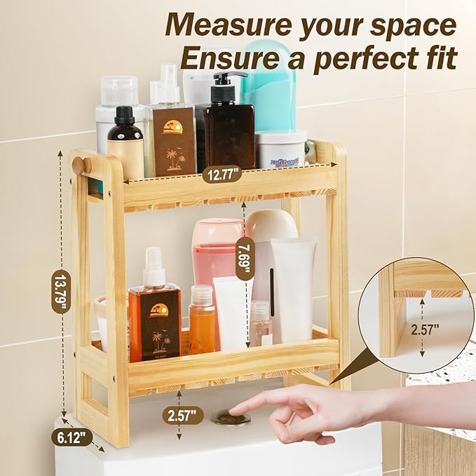 Over-The-Toilet Storage Shelf Organizer, 2-Tier Bamboo Bathroom Countertop Organizer for Towels, Toilet Paper, Plants, Makeup, Small Space Saver Rack for Bathroom, Dresser, Vanity, or Kitchen Use