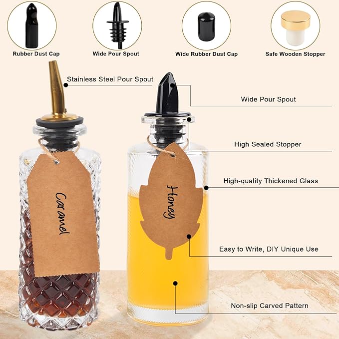 ChezMax Syrup Dispenser Bottles Set of 4, Simple Syrup Bottle for Coffee Bar Accessories, 5oz Glass Coffee Syrup Dispenser Syrup Containers for Maple Honey Syrup Oil, Metal Pour Spouts & Labels