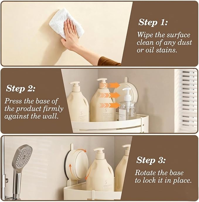 No-Drilling Corner Suction Cup Shower Caddy(1-Pack Cream White),Rust-Proof and Durable Bathroom Organizer with Towel Bar & Hooks,Modern Large-Capacity Wall-Mounted Shower Shelf