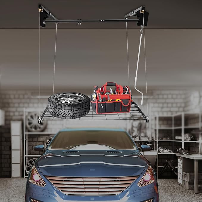 Garage Lifting Storage Rack, 300lbs Adjustable Overhead Garage Storage Rack Heavy-duty 4x4 FT Garages Ceiling Storage Lift Max. Adjustable Height 79in (Matte Black 300Lbs)
