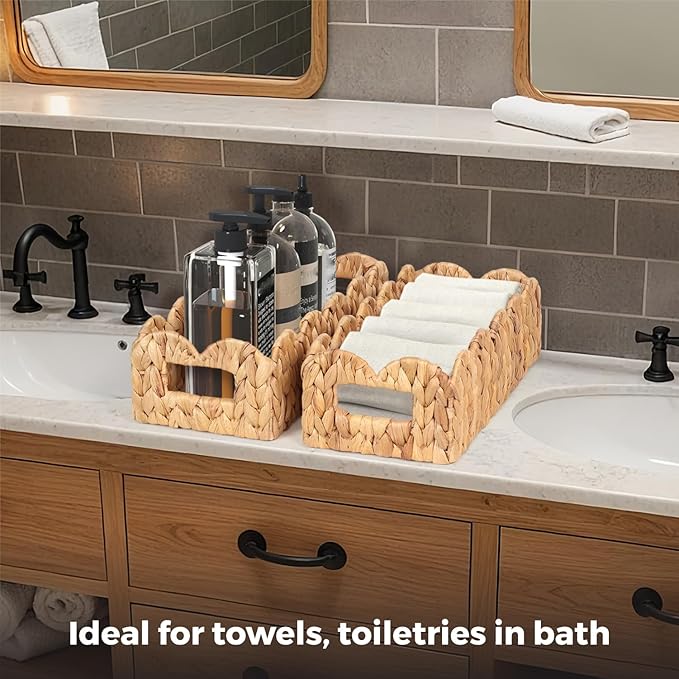 Handwoven Water Hyacinth Scalloped Countertop Storage Basket, Toilet Tank Basket for Bathroom, Scalloped Edge Wicker rectangle Basket for Toilet Paper Baskets, Vanity, Entryway, or Living Room (1pcs)