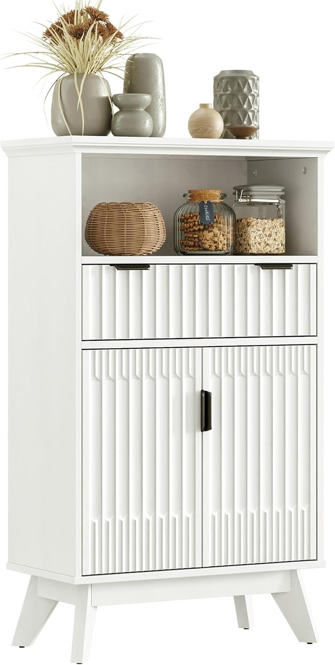 FLOWBACK Fluted Cabinet, 40'' High Coffee Bar Cabinet with Drawer & Door, Bathroom Storage with Open Shelf, Wood Kitchen Pantry Sideboard Buffet Table with Shelves for Kitchen, Dining Room, Entryway
