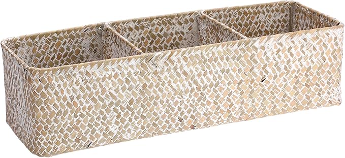 Hipiwe Handwoven Seagrass Storage Basket 3 Sections Toilet Tank Paper Basket Wicker Shelf Basket for Pantry Kitchen Living Room Home Decor, Whitewash