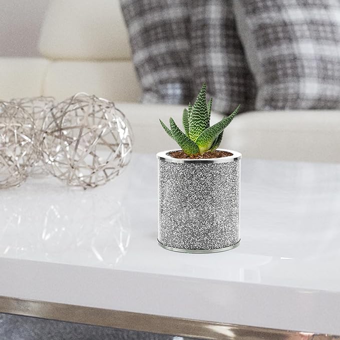 Glass Utensil Holder, Crystal Silver Utensil Makeup Brush Organizer Bling Flatware Storage Crocks for Countertop Crushed Diamond Home Decor Spoon Knife Fork Holder for Kitchen Counter