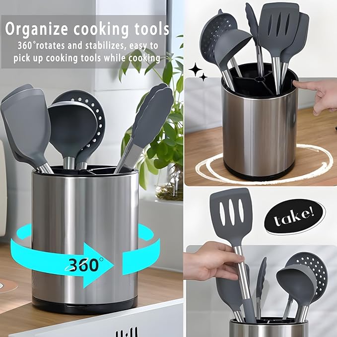 Kitchen Utensil Holder, Extra Large 360° Rotating Cooking Utensil Holder for Countertop, Stainless Steel Organizer Silverware Caddy 3 Compartment Flatware with Removable Base（Silvery）