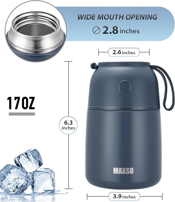 MAXSO Soup Thermo for Hot & Cold Food for Adults Kids, 17 oz Vacuum Insulated Steel Lunch Container Bento Box with Spoon, Leakproof Thermal Food Jar for School Office Travel - Dusty Blue