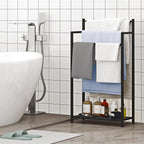 Freestanding Towel Rack, 3 Tier Blanket Ladder Stand with Black Wooden Shelf for Bathroom Living Room (31.5”H x 16.9”W x7.9”D)