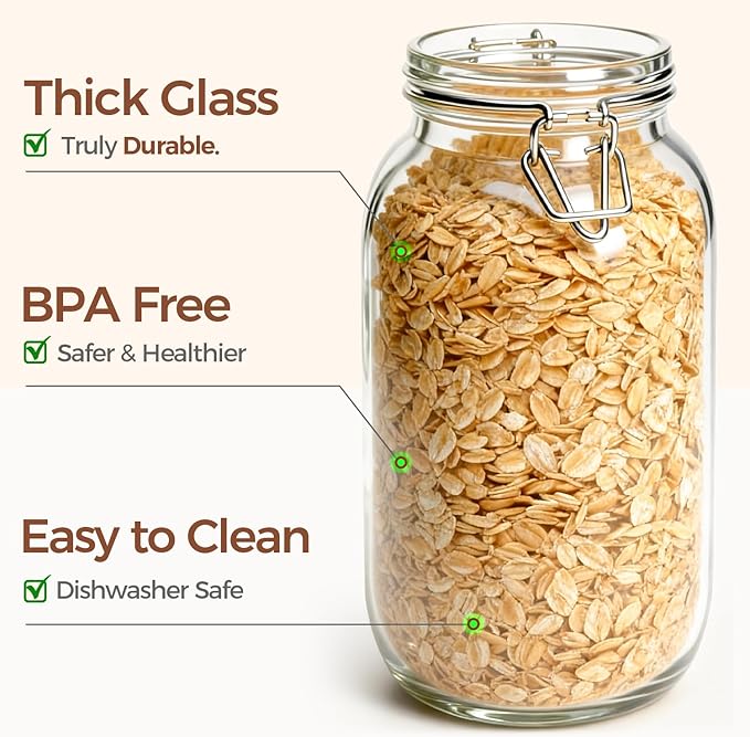 ComSaf Large Glass Jars with Airtight Lid Half Gallon, 64 OZ Mason Jars Set of 3, Glass Canisters with Airtight Lids, 0.5 Gallon Canning Jar with Seal Wire Clip Fastening for Kitchen, Pickle