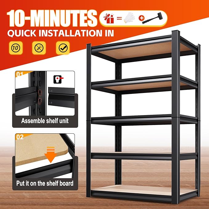 Set of 2 46" W Garage Shelving-2050 lbs 5 Tier Storage Shelves,Adjustable Heavy Duty Metal Shelving Unit and Storage Large Rack,Utility Steel Shelf for Warehouse Industrial Pantry 71"x46"x18"