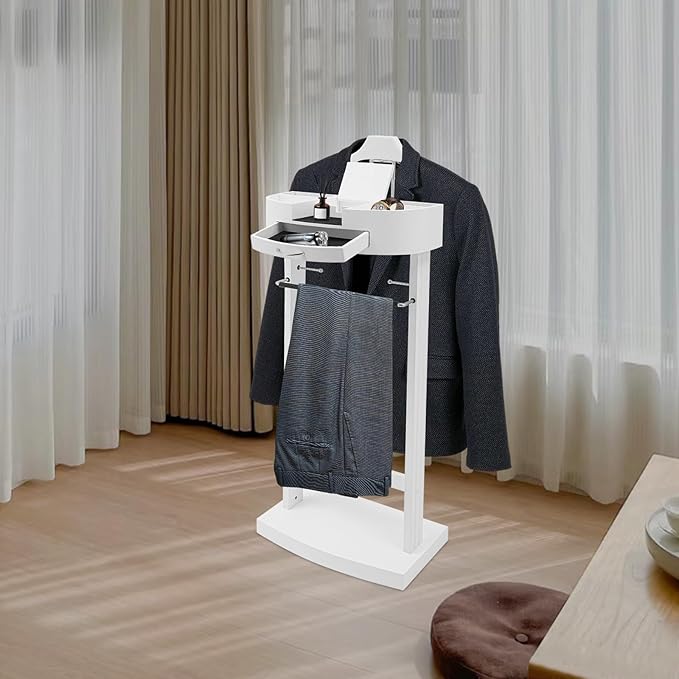 Wood Suit Valet Stand, Valet Stand for Men with Tray and Anti-slip Trouser Rack, Mens Valet Stand for Office, Living Room, Bedroom, White