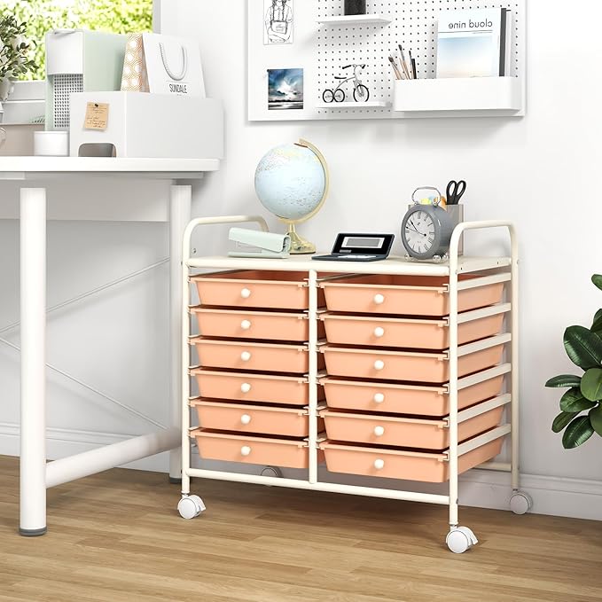 COSTWAY 12-Drawer Rolling Storage Cart, Utility Storage Organizer Cart for Tools, Scrapbook, Paper, Craft, Multipurpose Art Supply Organizer on Wheels for Home Office School, Teacher, Peach