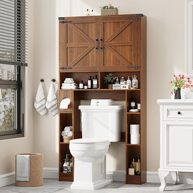 Vabches Over The Toilet Storage Cabinet, Farmhouse Storage Cabinet Over Toilet with 2 Barn Doors ，Toilet Paper Holder Stand，Home Space-Saving Toilet Rack, for Laundry, Restroom, Bathroom.Caramel.