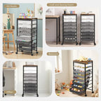 Rolling Cart with 8 Drawers, Plastic Drawer Storage Carts with Wheels & Wooden Tabletop, Metal Utility Cart Organizer for Bedroom Living Room Office Classroom Craft Organization and Storage, Grey