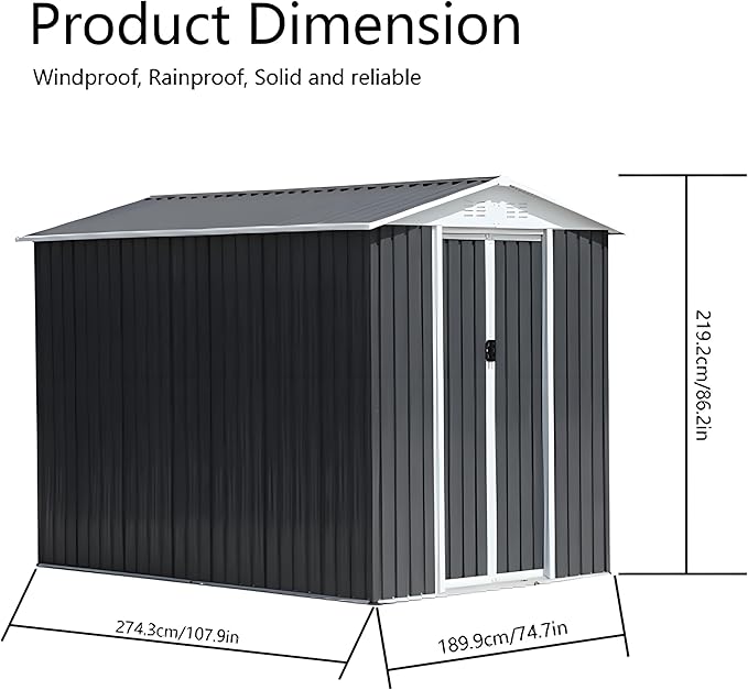 6x9FT Metal Storage Shed, Garden Tool Shed with Lockable Double Door & Sloping Roof, Outdoor Backyard Storage（Grey）