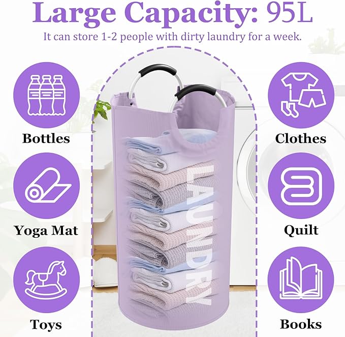 95L Folding Laundry Basket, Large Laundry Hamper with Handles, Portable Dirty Clothes Hamper, Independent Storgae Basket for Bathroom, Living Room, Dorm, Purple