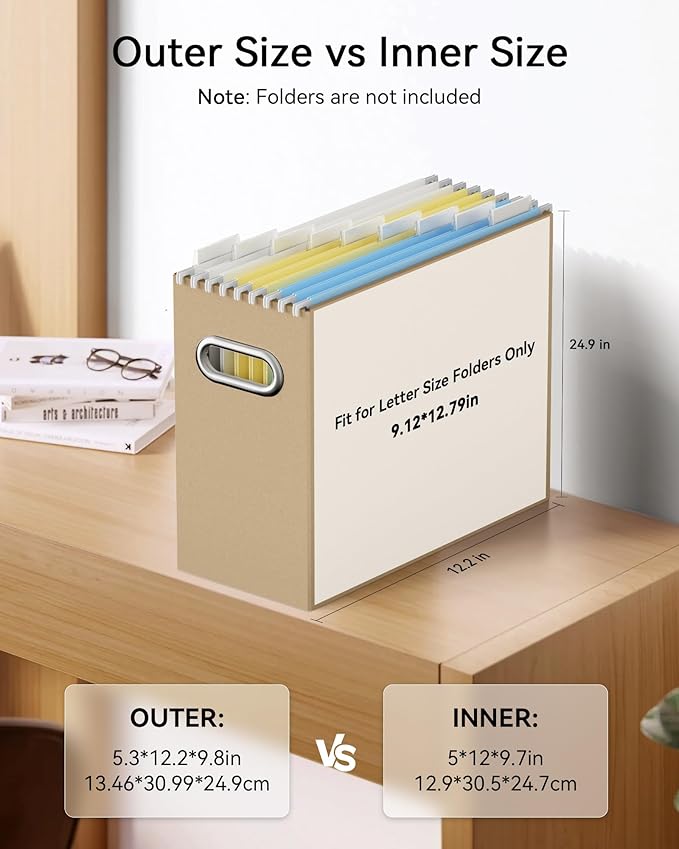 Oterri File Organizer Box, Portable Collapsible Cardboard File Folder Organizer with Handle for Letter Size Hanging Files, Document Storage Box for Home Office & Classroom (6 Packs, Brown)