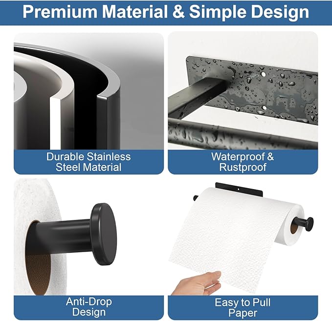 Paper Towel Holder Under Cabinet 2 Pack, Upgraded Self Adhesive Paper Towel Holder Wall Mount for Kitchen, Bathroom, RV, Bend-Resistant, Self-Adhesive or Drill mounting