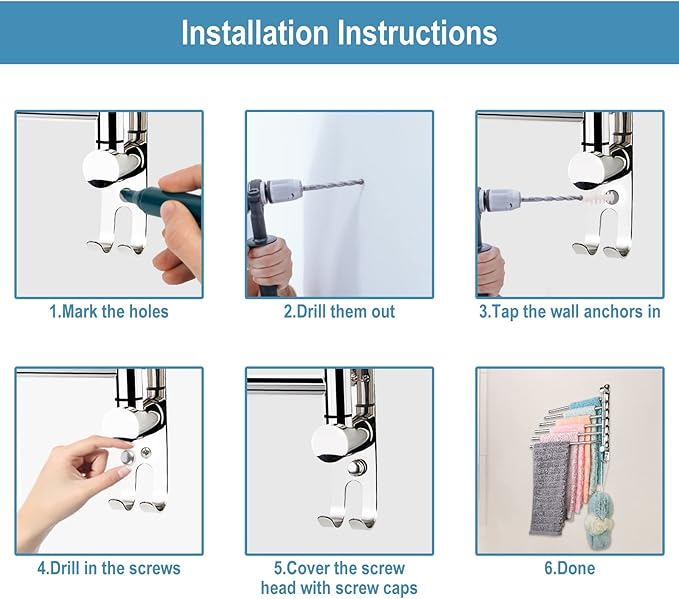 6 - Arm Stainless Steel Swivel Towel Rack with Hook: Wall - Mounted, Rustproof Space - Saver for Bathroom & Kitchen - 180° Rotation, 14kg Capacity