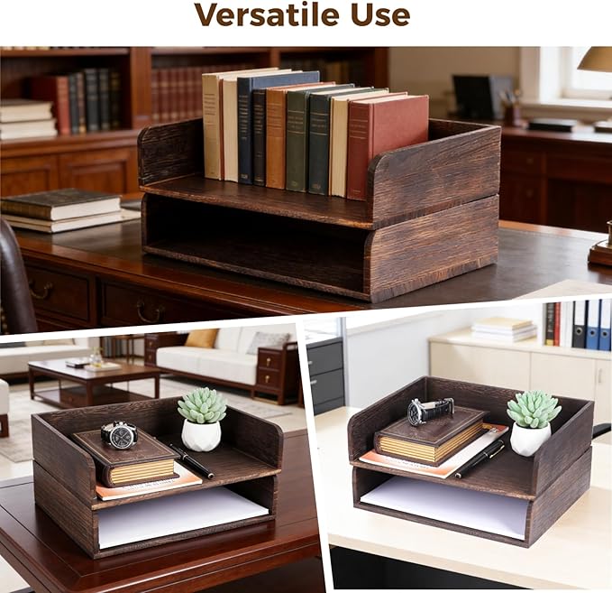 2 Pcs Stackable Desk Tray, Wood Document Organizer, Retro Brown Desktop Accessories with Open Front Design, Wooden Folder Organization Rack Desk Tray for Office, Home, 12.4 x 9.4 x 3.5 in